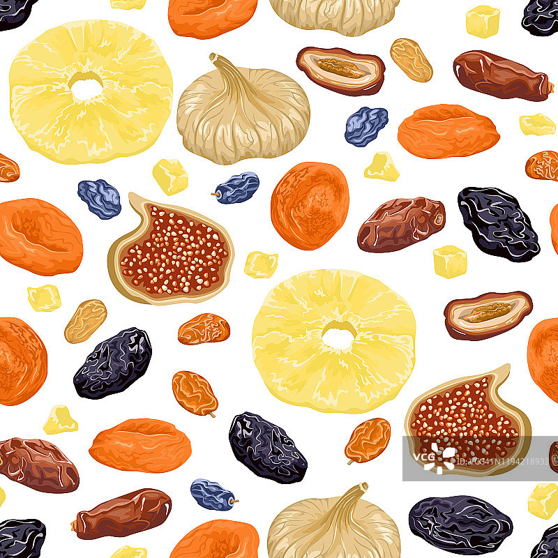 干果无缝图案。无花果，杏子，菠萝，葡萄干，大枣和西梅干孤立在白色背景。矢量插图甜干果零食在卡通平面风格。图片素材