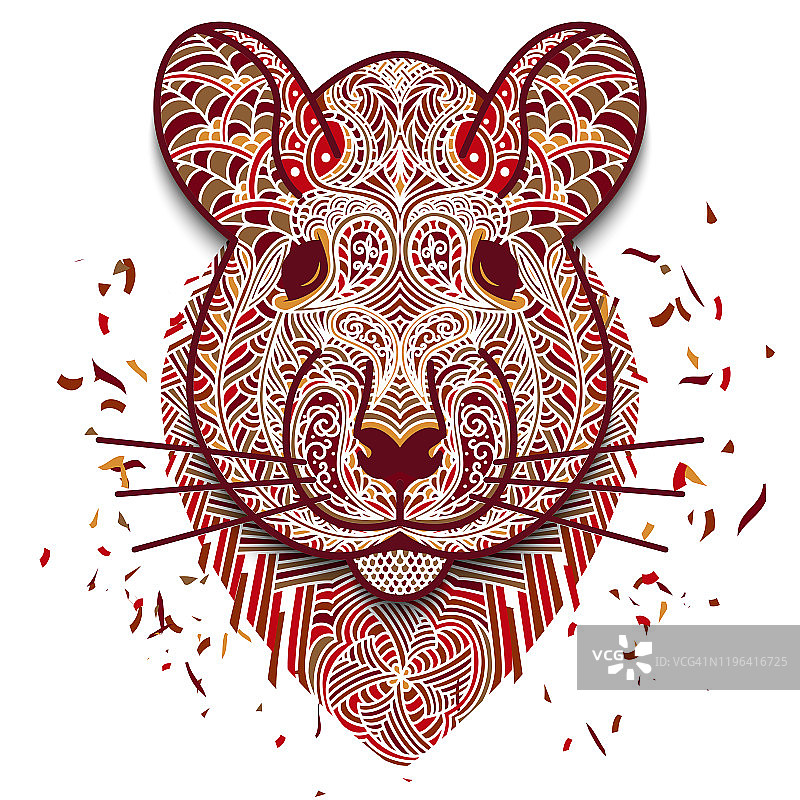 彩色马赛克头鼠。2020年中国新年的象征。孤立在白色背景上。织物上的印花装饰。画画和上色时的冥想和抗压力图片素材