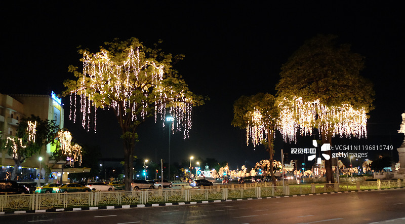 夜晚，装饰着节日彩灯的圣诞树沿着城市道路生长。图片素材