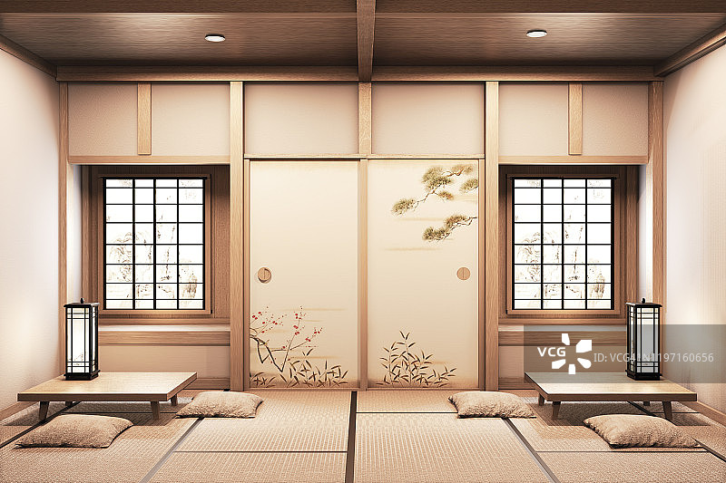 日式风格的房间木质设计非常漂亮。三维渲染图片素材