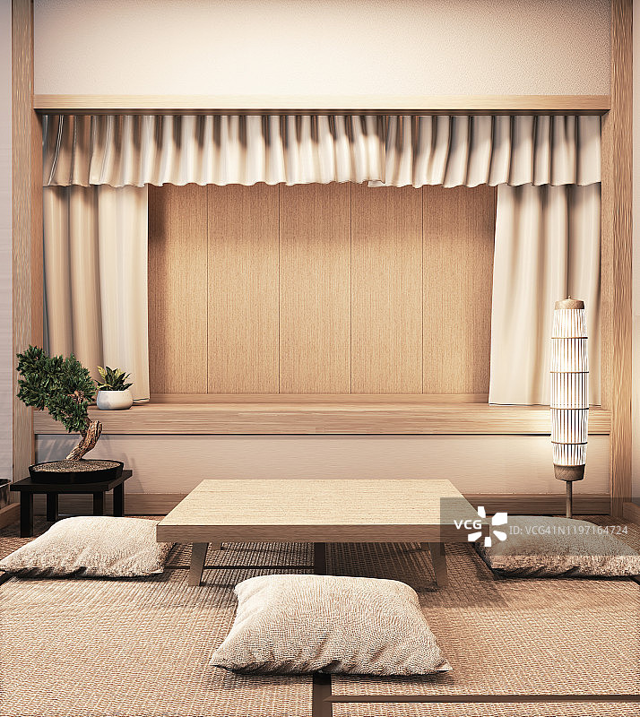 日式风格的房间木质设计非常漂亮。三维渲染图片素材