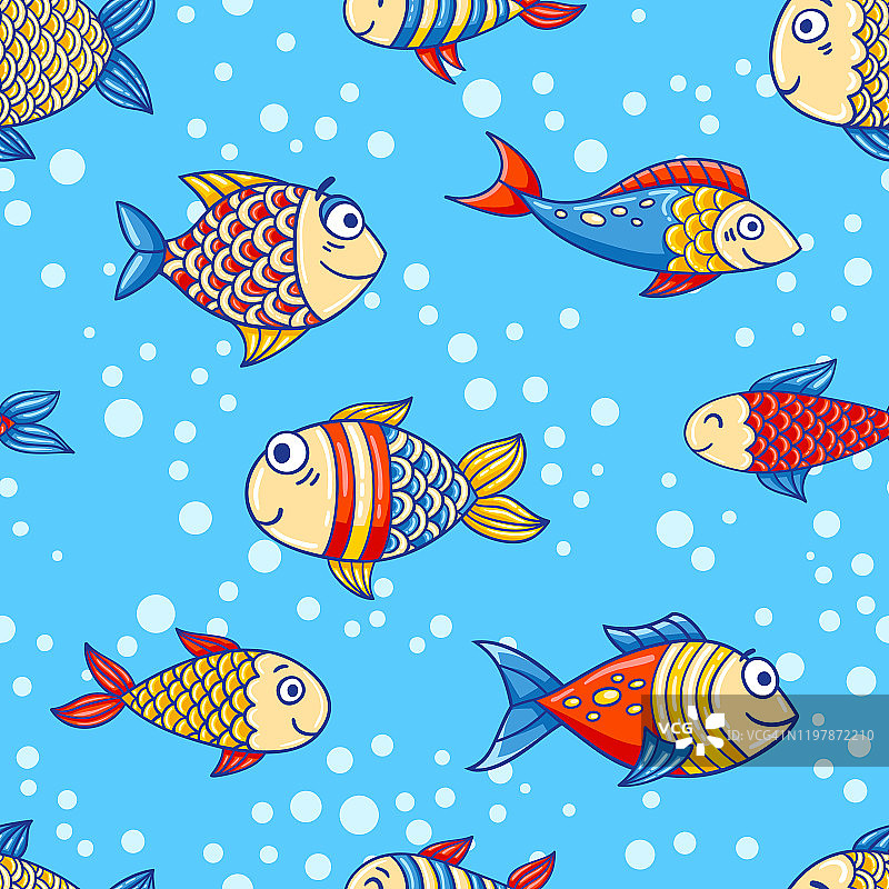 无缝海洋生物夏季图案与卡通鱼和泡沫图片素材