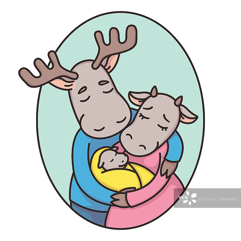 椭圆形框架中的鹿或驼鹿家族。爸爸,妈妈,新生儿。爸爸，妈妈和宝宝。真爱。卡通动物角色矢量插图孤立的白色背景。图片素材