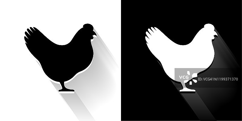 鸡黑色和白色图标与长影子图片素材