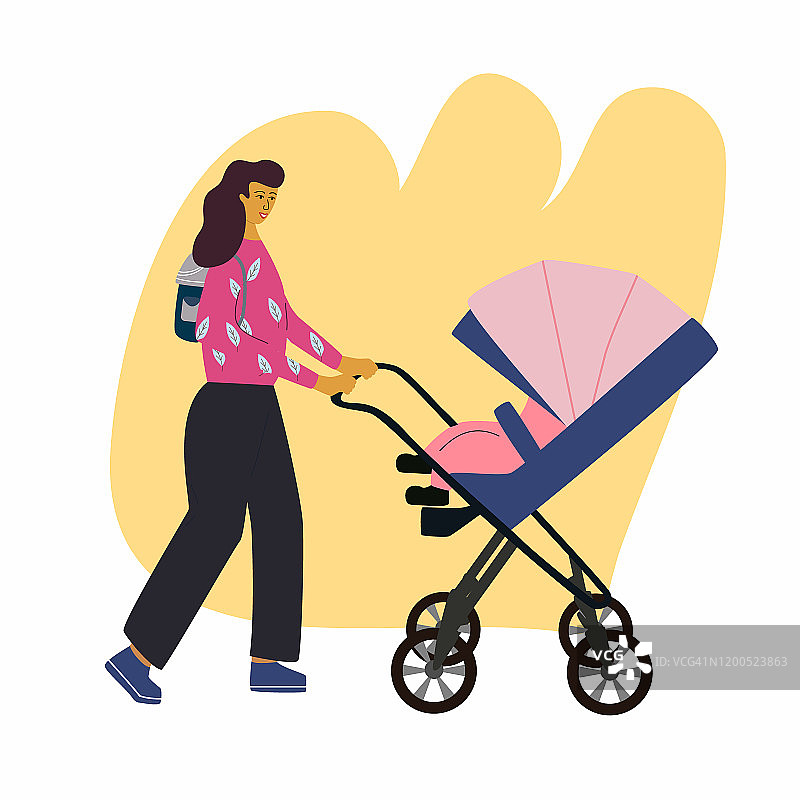 快乐的女人带着婴儿和婴儿车去散步。母亲背着双肩包带着孩子走路。母性概念，抽象背景。平面彩色矢量插图在时尚的卡通风格图片素材