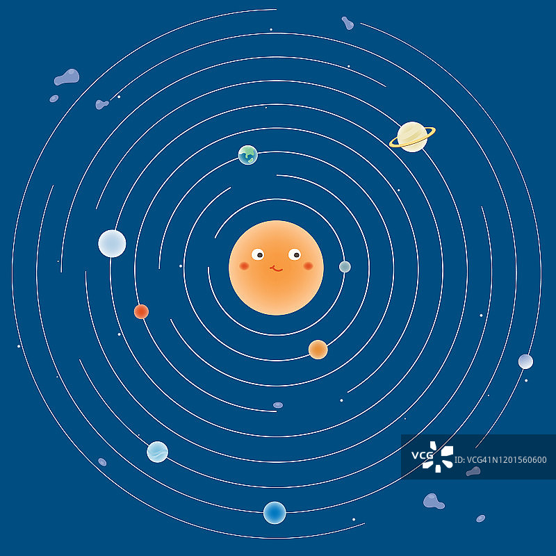 矢量插图。可爱的太阳系与太阳和行星在蓝色的背景。图片素材