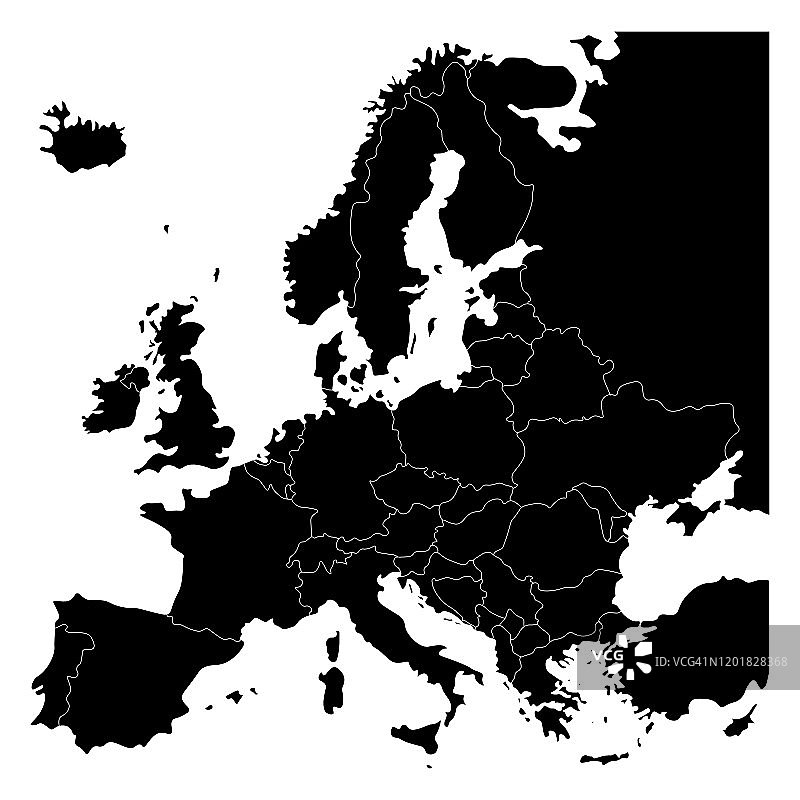 欧洲大陆的地图。国家边界和欧洲。孤立的矢量插图在黑色。图片素材