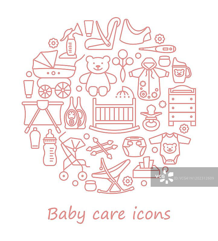 婴儿护理。新生儿的喂养和沐浴。一组圆形形式的线性图标图片素材