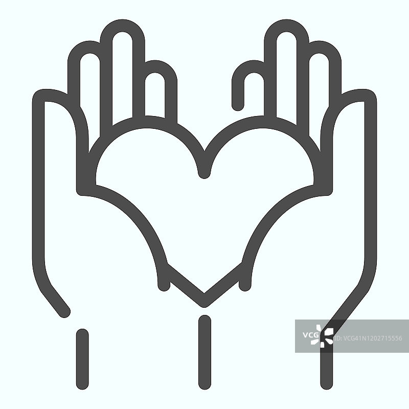 和平的手与心线的图标。心在手中矢量插图孤立在白色。给予心的轮廓风格设计，为网页和应用设计。Eps 10。图片素材