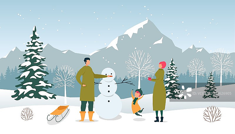 扁平爸爸，妈妈和儿子雕刻雪人，冬天的乐趣图片素材