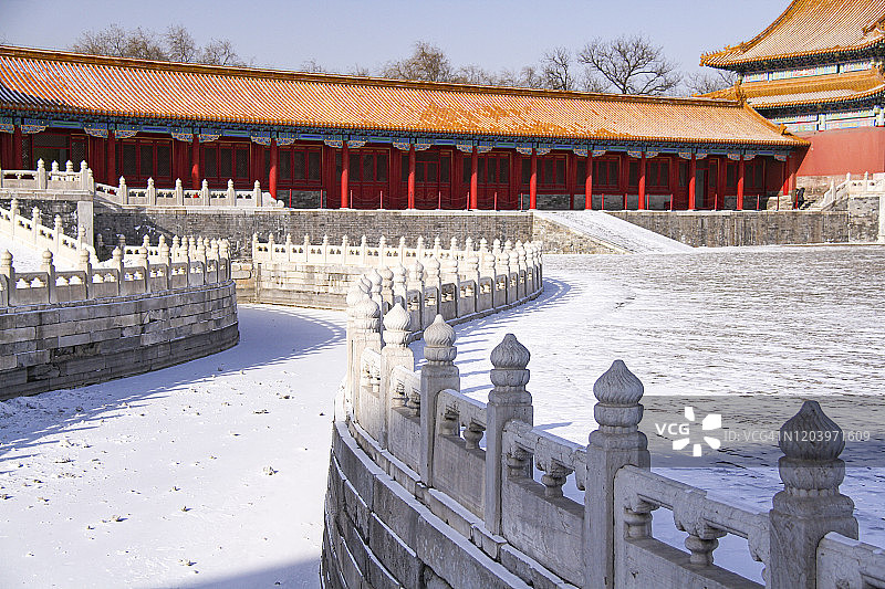 北京紫禁城内的冰冻金水河图片素材