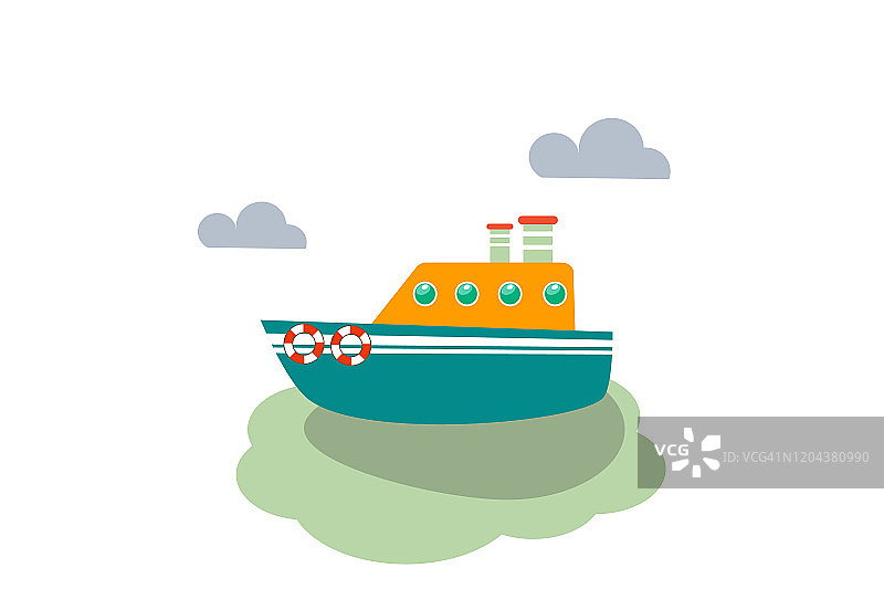 蓝色的船，海和云插图图片素材