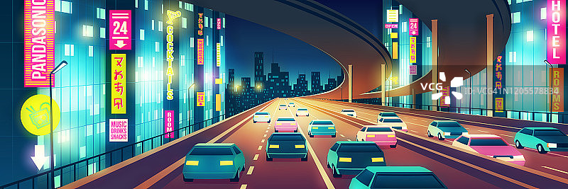 夜间城市道路卡通广告矢量概念图片素材