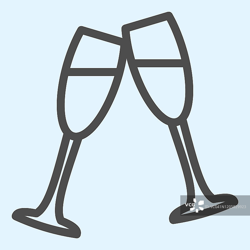 香槟酒杯系列图标。两个酒缸，碰撞的浪漫标志。婚礼资产矢量设计概念，白色背景上的轮廓风格象形图，用于web和应用程序。Eps 10。图片素材