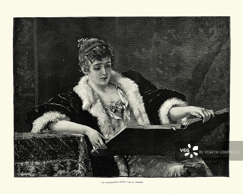 维多利亚时代的一个年轻女人，在读一本厚厚的书，19世纪图片素材