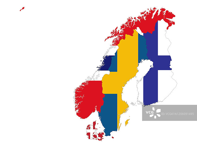斯堪的纳维亚半岛国家地图，白色背景上的国旗图片素材