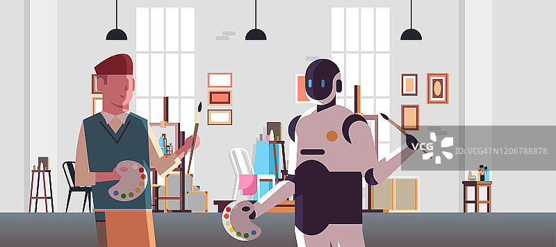 机器人和人类画家拿着画笔和调色板机器人人物vs人站在一起，在现代艺术工作室人工智能技术概念平面肖像水平图片素材