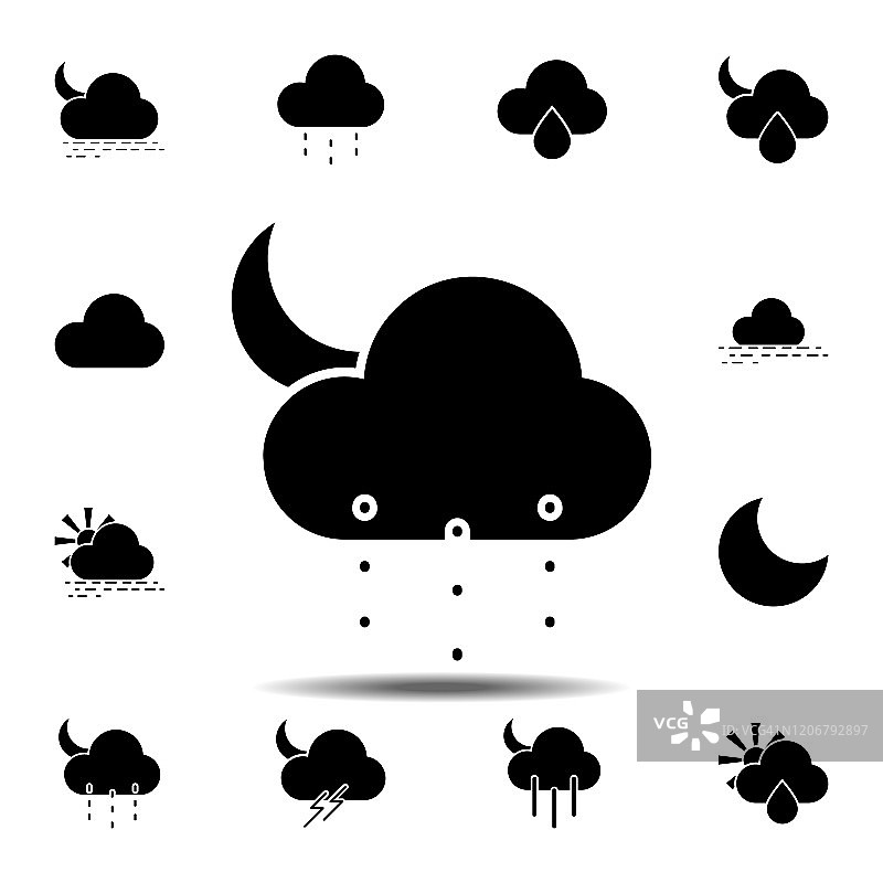 雨或雪，月亮，云的图标。简单的符号向量的天气设置的用户界面和用户体验，网站或移动应用程序图片素材
