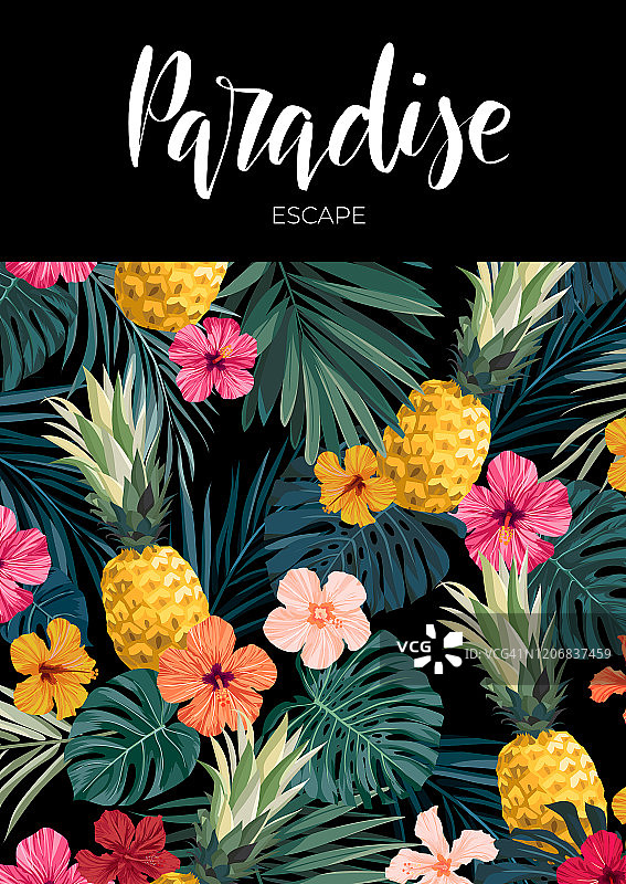 深色矢量夏季设计与异国情调的棕榈叶，木槿花，菠萝和文字空间。卡片模板，横幅传单的背景。热带的背景说明。图片素材