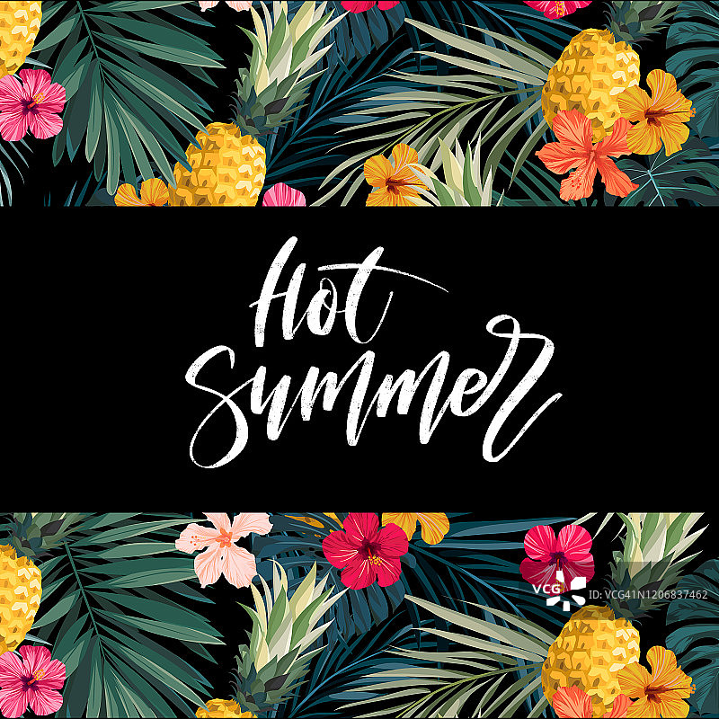 深色矢量夏季设计与异国情调的棕榈叶，木槿花，菠萝和文字空间。卡片模板，横幅传单的背景。热带的背景说明。图片素材