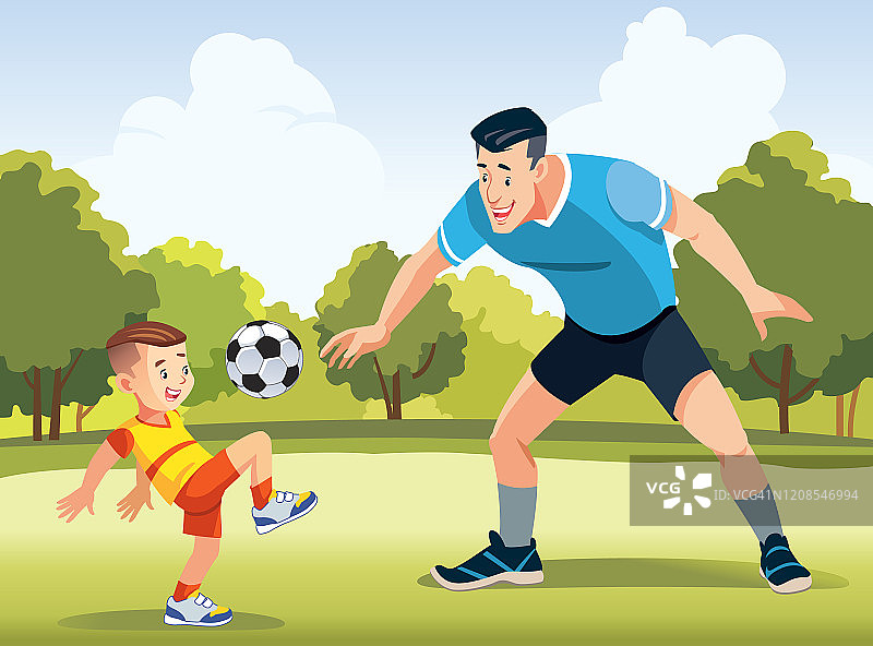 年轻的父亲和他的小儿子在足球场上踢足球在白天。友好家庭的概念。祝您父亲节快乐。矢量插图。图片素材