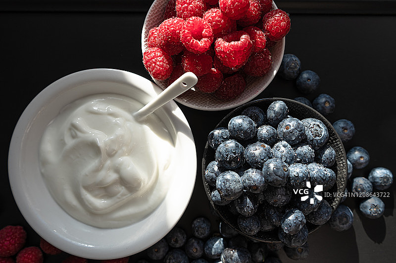 希腊酸奶碗和勺子，健康的早餐与新鲜的希腊酸奶，麦片和浆果的背景图片素材