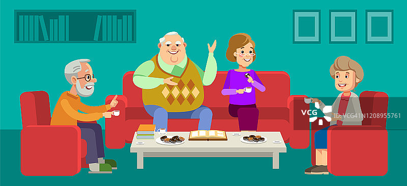 老夫妇喜欢在家里和客人边喝咖啡边聊天。祖父母日快乐。老夫妇享受在一起的时光。矢量插图在平面风格图片素材