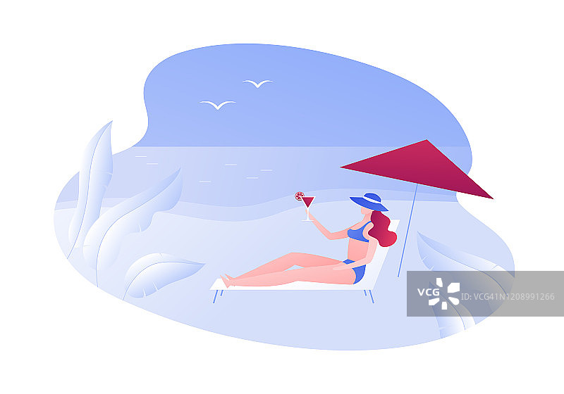矢量现代平面网络海滩旅行插图。年轻的女性躺在帆布躺椅下，撑着雨伞，在岛上的海景背景下喝着鸡尾酒。设计元素为广告，横幅，网页，广告。图片素材