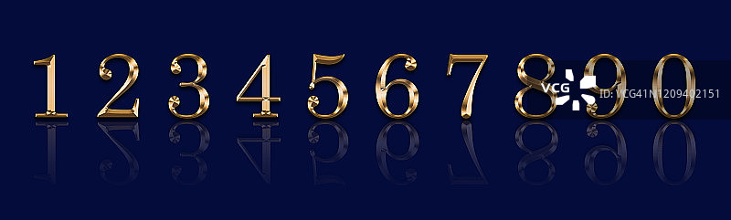 金色数字1、2、3、4、5、6、7、8、9、9在蓝色背景上图片素材