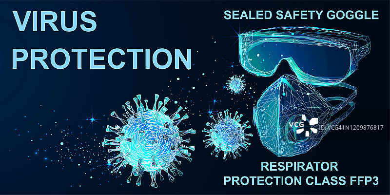 新型冠状病毒肺炎防护等级FFP的护目镜和呼吸器。2019新型冠状病毒疫情。低聚线框风格。向量图片素材