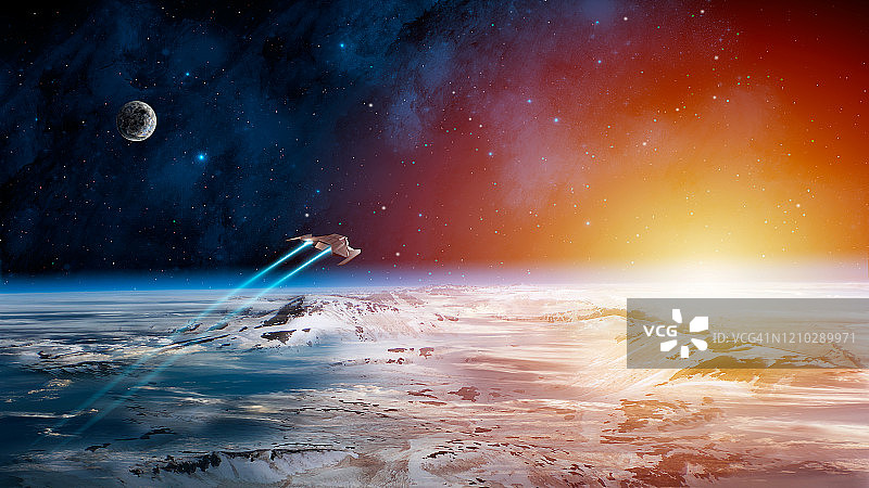 空间背景。宇宙飞船在有行星、太阳和蓝色星云的山景之上飞行图片素材