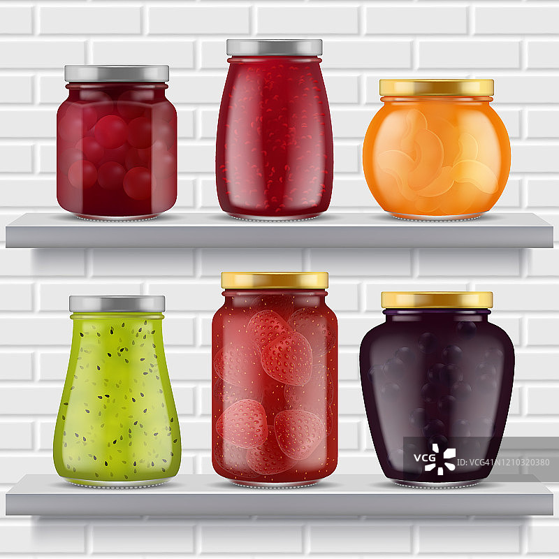 果酱食品货架上。水果，果酱，美味的产品，草莓，桃子，杏子，在玻璃罐逼真的果酱插图图片素材