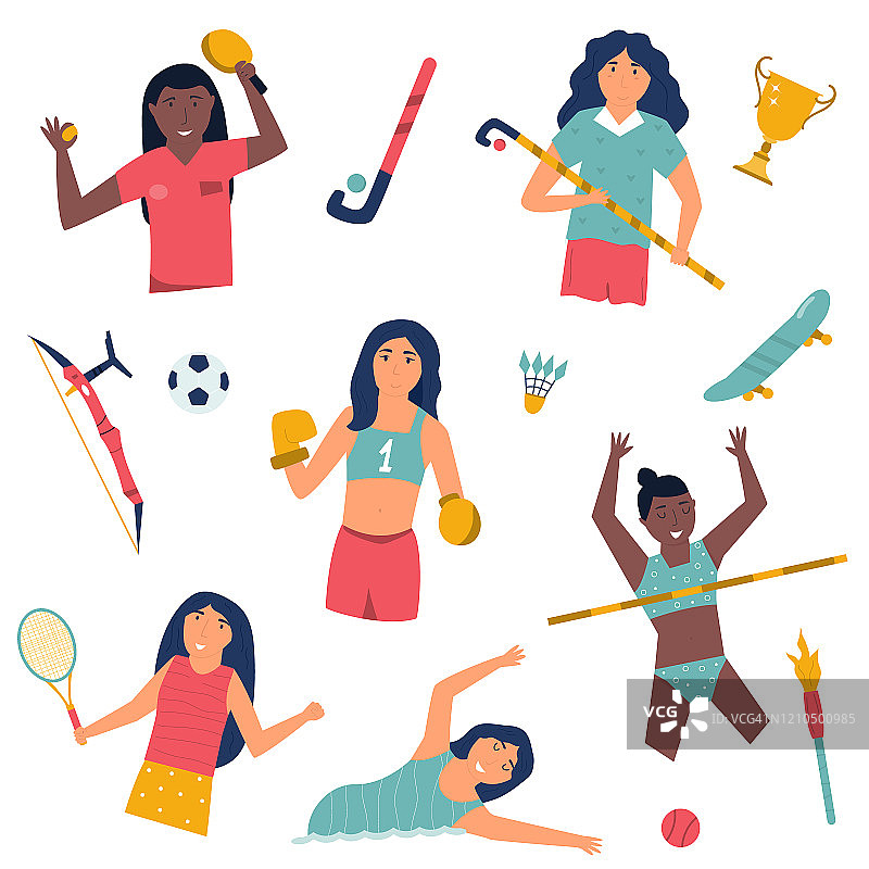 一组女运动员做运动。网球运动员，游泳运动员，跳高运动员，拳击手，曲棍球运动员。运动员肖像，矢量插图图片素材