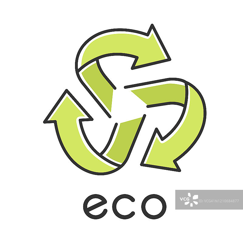 生态标签颜色图标。三个绿色的圆形箭头从中心标志出来。回收标志。环保标签。生态友好的化学物质。有机化妆品。孤立的矢量图图片素材