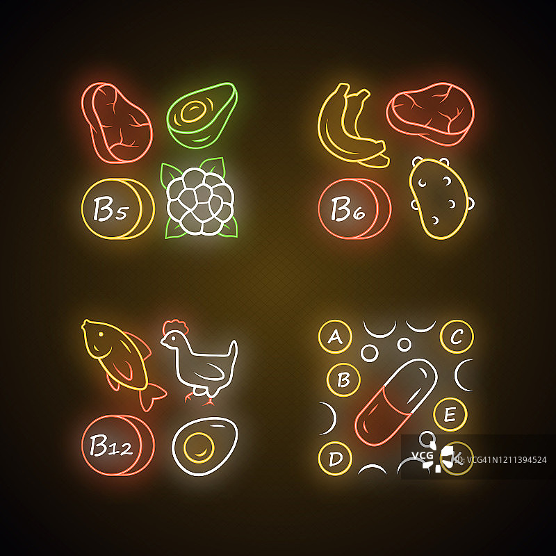 维生素霓虹灯图标集。B5、B6、B12天然食物来源。维生素药片。水果,肉类,蔬菜。适当的营养。矿物质、抗氧化剂。发光的迹象。向量孤立的插图图片素材