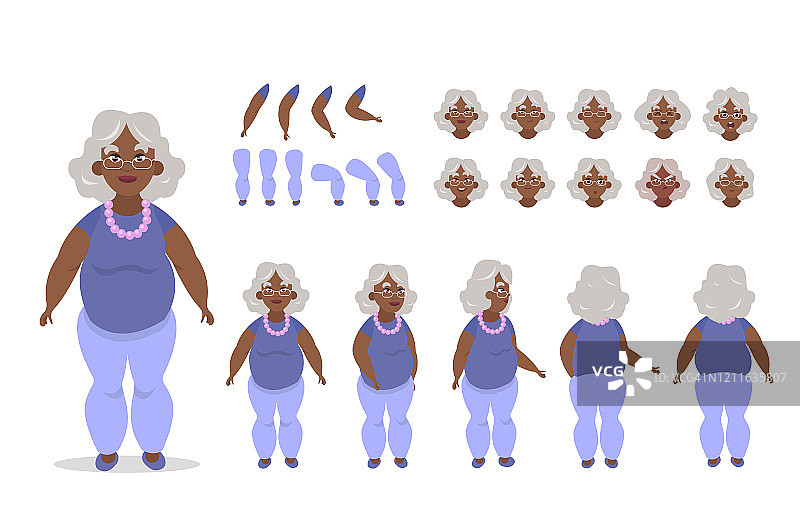 年长的非裔美国女性角色构造动画与各种观点，姿态，手势，情绪图片素材