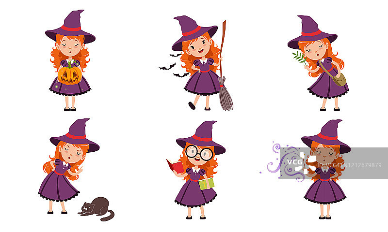 可爱的小女巫卡通人物集合，可爱的红头发女孩在紫色的裙子和帽子矢量插图图片素材