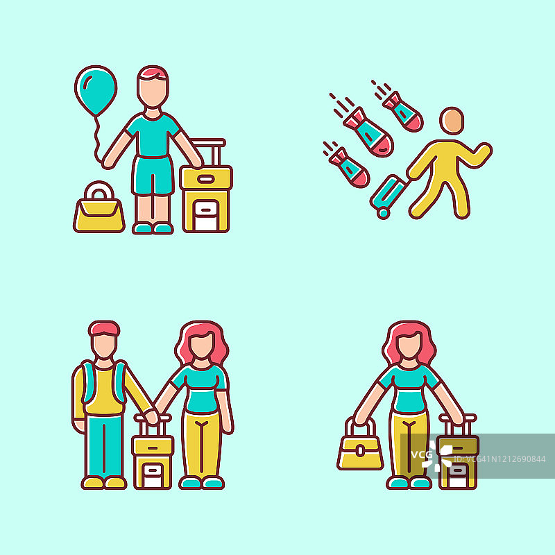 难民蓝色图标集。一对夫妇，孩子带着行李箱出国旅行。旅游,旅行乘客。家庭旅行、度假、旅游。移民儿童，家庭，孤立病媒插图图片素材