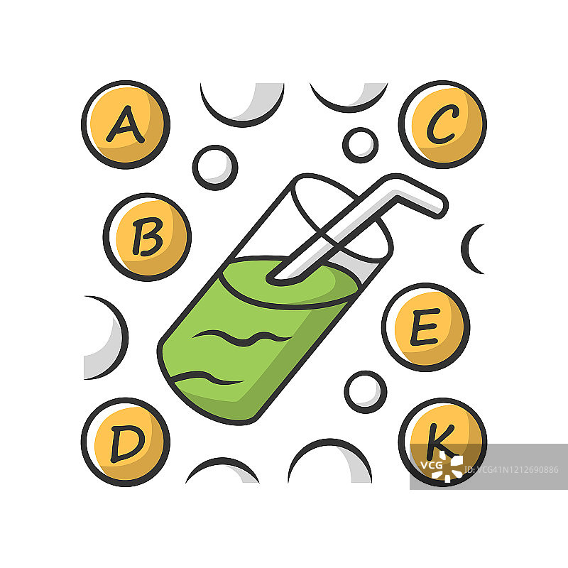 维他命鸡尾酒的颜色图标。A, B, C, D, E, K维生素。复合维生素饮料。重要的矿物质和抗氧化剂。医疗和药品。孤立的矢量图图片素材