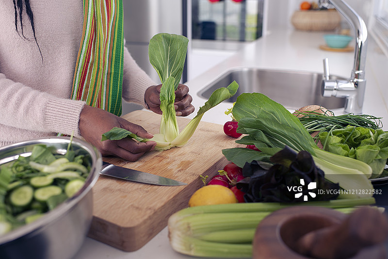 健康饮食换来健康生活方式。正在做新鲜蔬菜沙拉的女人。图片素材