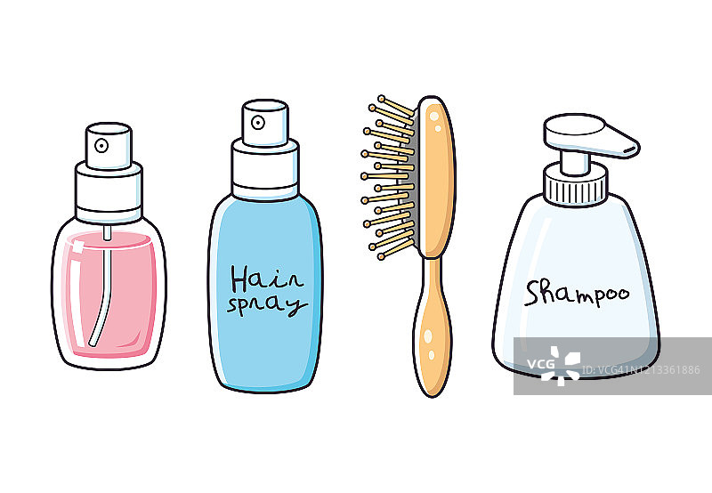 香水瓶，喷雾罐，梳子，洗发水。图片素材