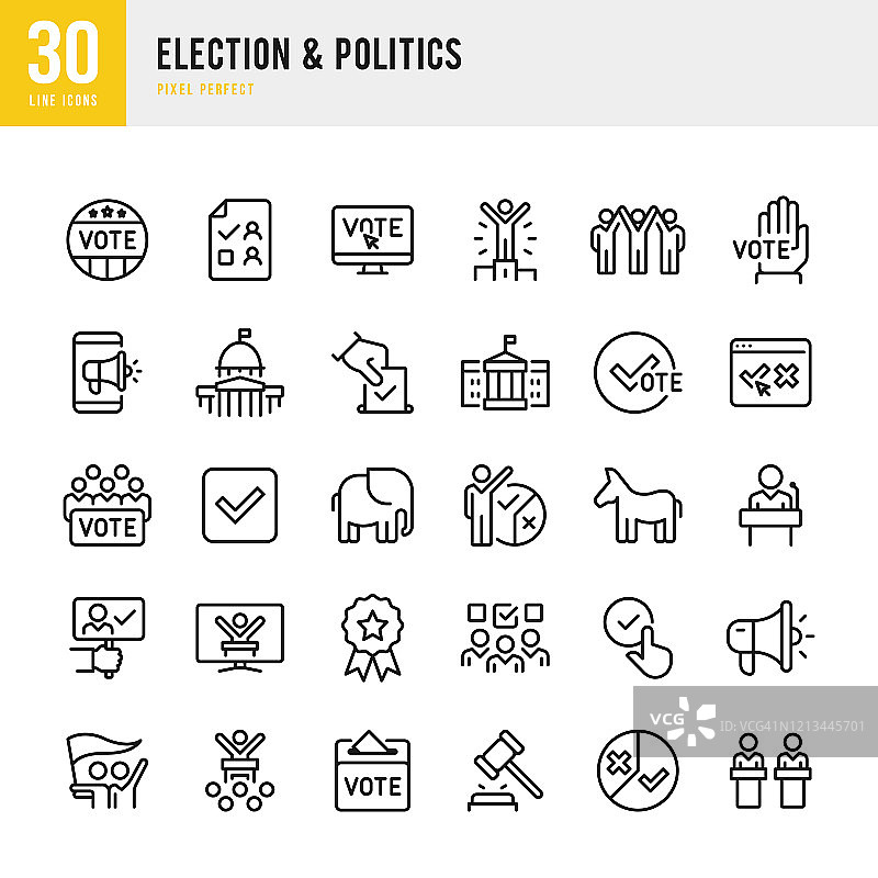 选举和政治-细线矢量图标设置。像素完美。该套装包含图标:选举，政治，投票，国会大厦，白宫，总统选举。图片素材