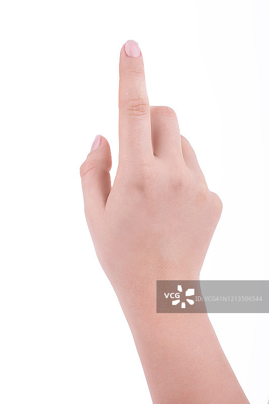 女性的手与法式美甲指着手指，孤立在白色的背景图片素材