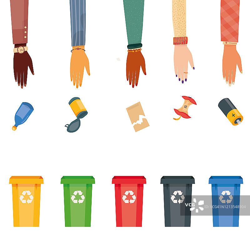 现代矢量插图的彩色垃圾容器分开分类的垃圾。可回收不同类型废物的垃圾箱。塑料，金属，纸，有机，电子。孤立在白色图片素材