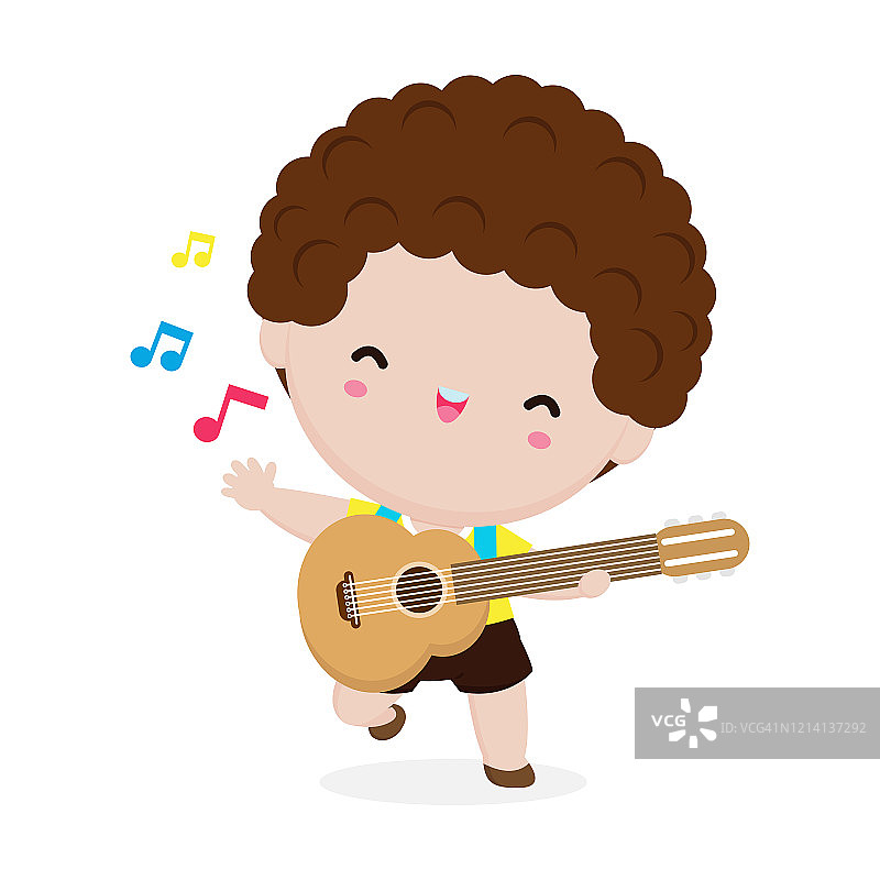 可爱的小朋友弹吉他，快乐的小朋友弹吉他。音乐表演。孤立的矢量插图上的白色背景。在卡通风格图片素材