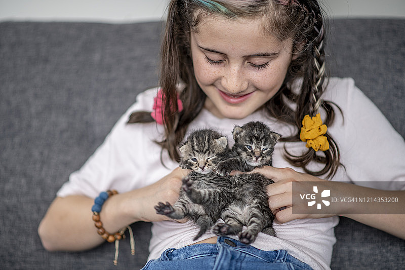 小女孩抱着小猫的股票照片图片素材