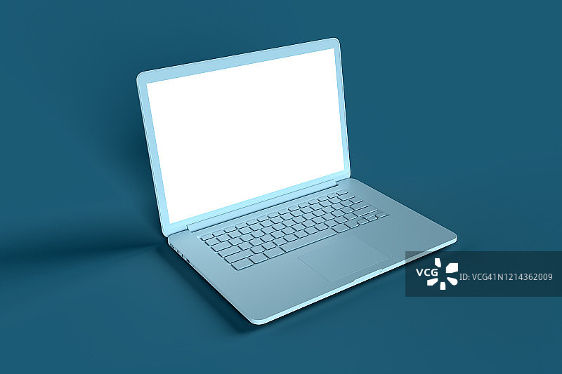 空屏幕笔记本电脑，最小的技术概念，蓝色背景图片素材