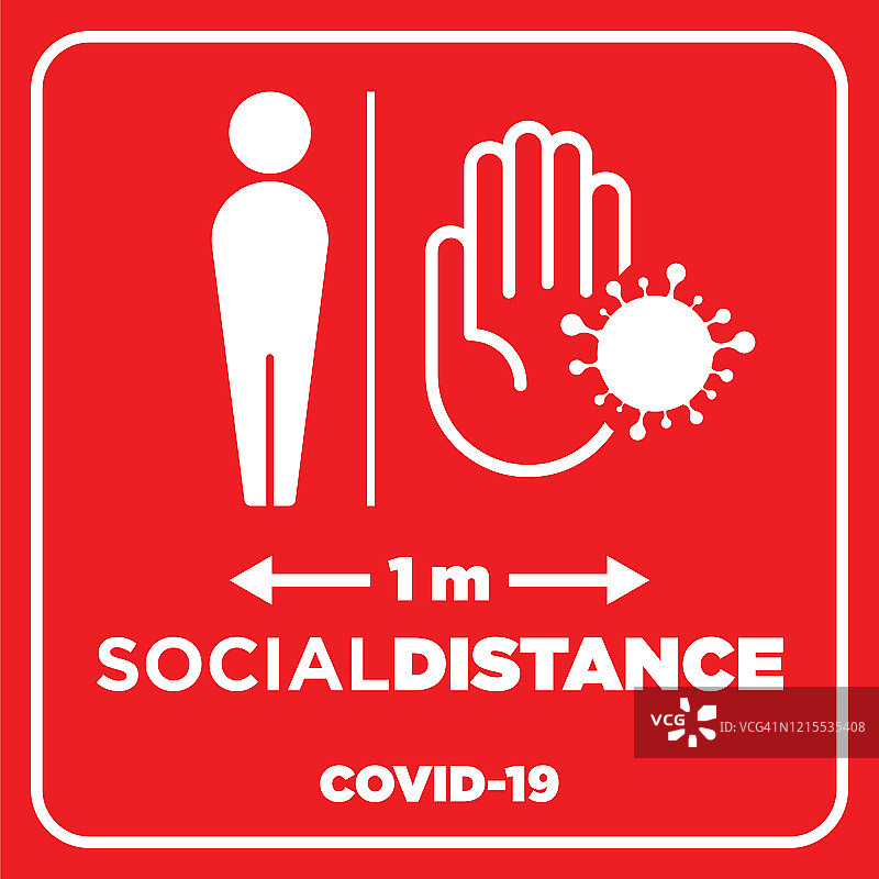 社交距离警告信号。关于冠状病毒或covid-19病媒插图的红色警告标志图片素材