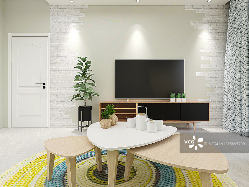 3D效果图，现代住宅宽敞的客厅设计，配有沙发、茶几、装饰画等图片素材