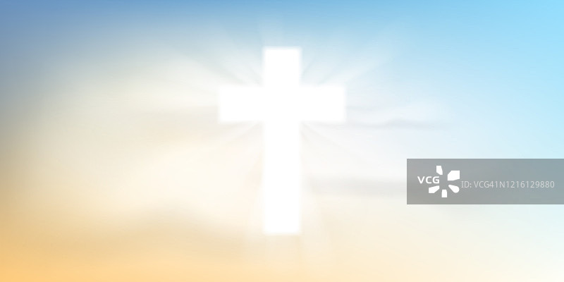 基督教设计复活节庆祝，闪亮的十字架和白云。矢量插图。图片素材
